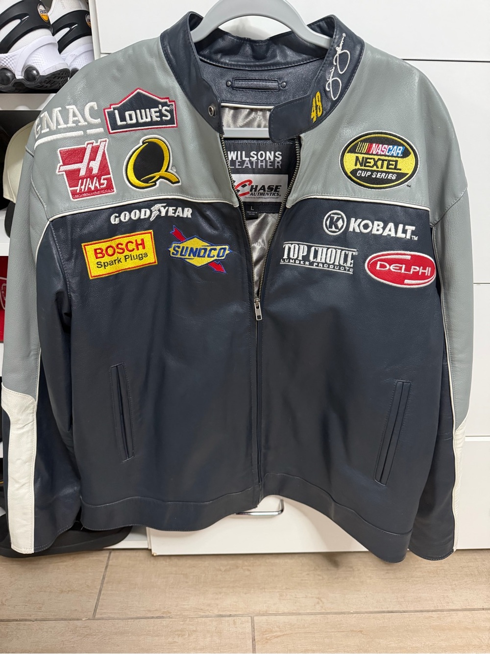 Wilsons Leather Navy, Gray & White Racing Patch Leather Jacket